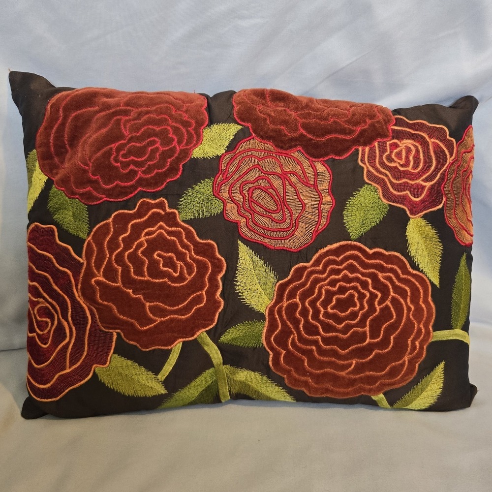 Pier 1 Floral Rose Throw Pillow 16x12 Velvet Embroidered Brown Red Orange Green